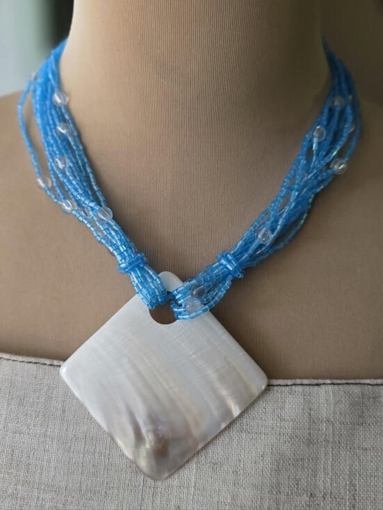 Vintage Jewelry - Vintage 22" Aqua Multi-Strand Beaded Necklace w/ 2" Square Abalone Shell Pendant